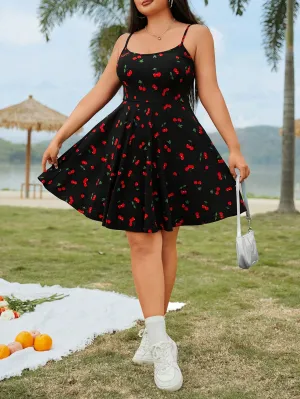 Plus Size Cherry Pattern Knitted Spaghetti Strap Dress - Casual, Backless, Ruffled Hem