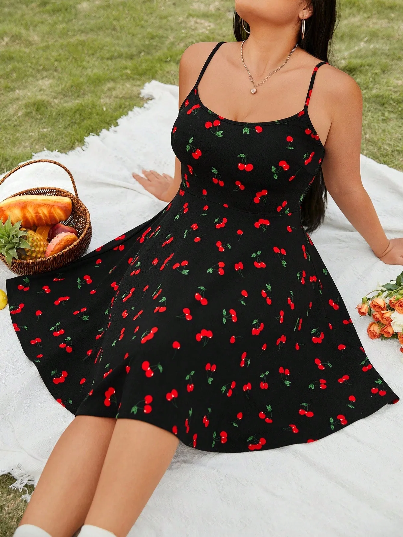 Plus Size Cherry Pattern Knitted Spaghetti Strap Dress - Casual, Backless, Ruffled Hem