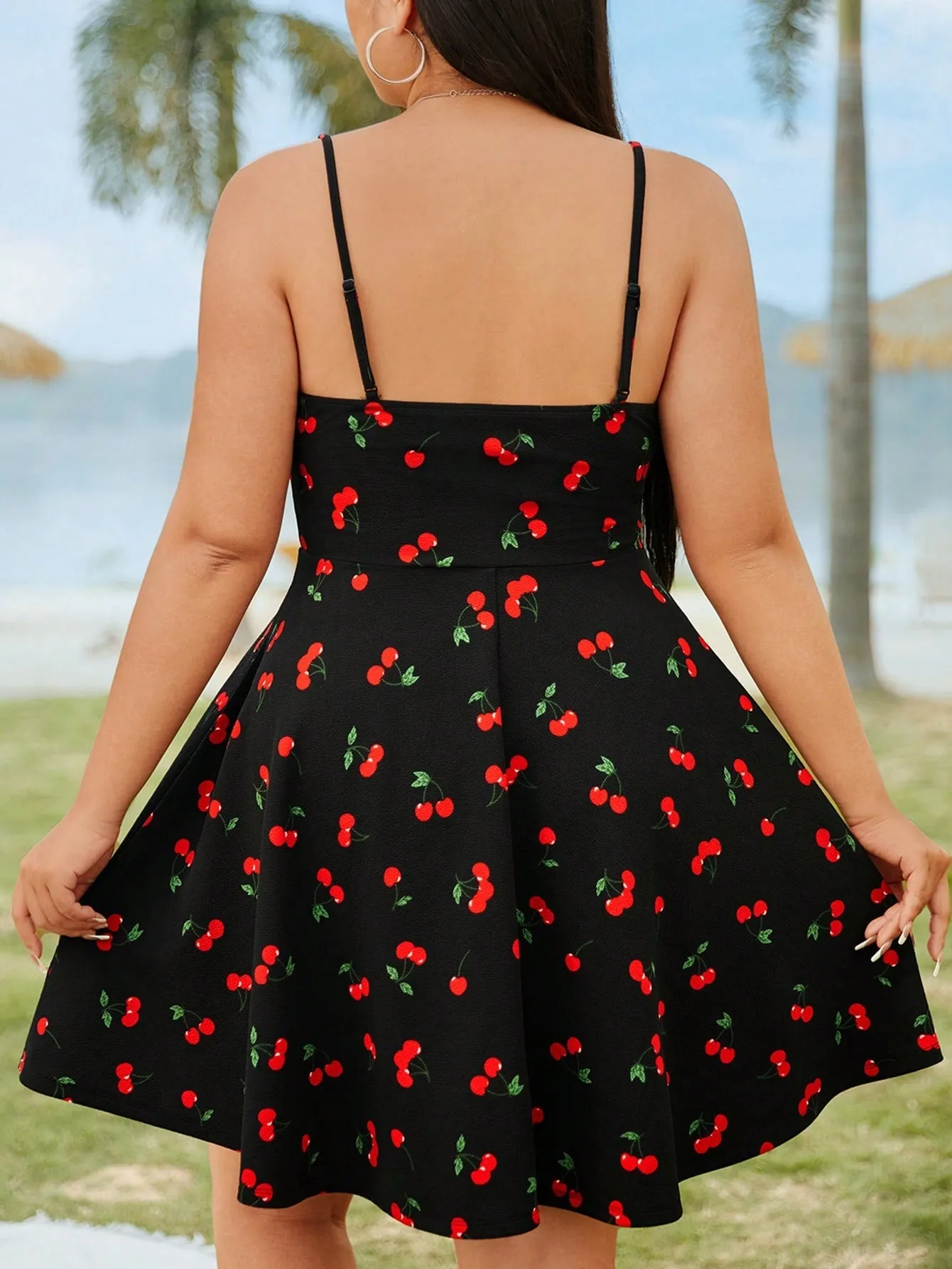 Plus Size Cherry Pattern Knitted Spaghetti Strap Dress - Casual, Backless, Ruffled Hem