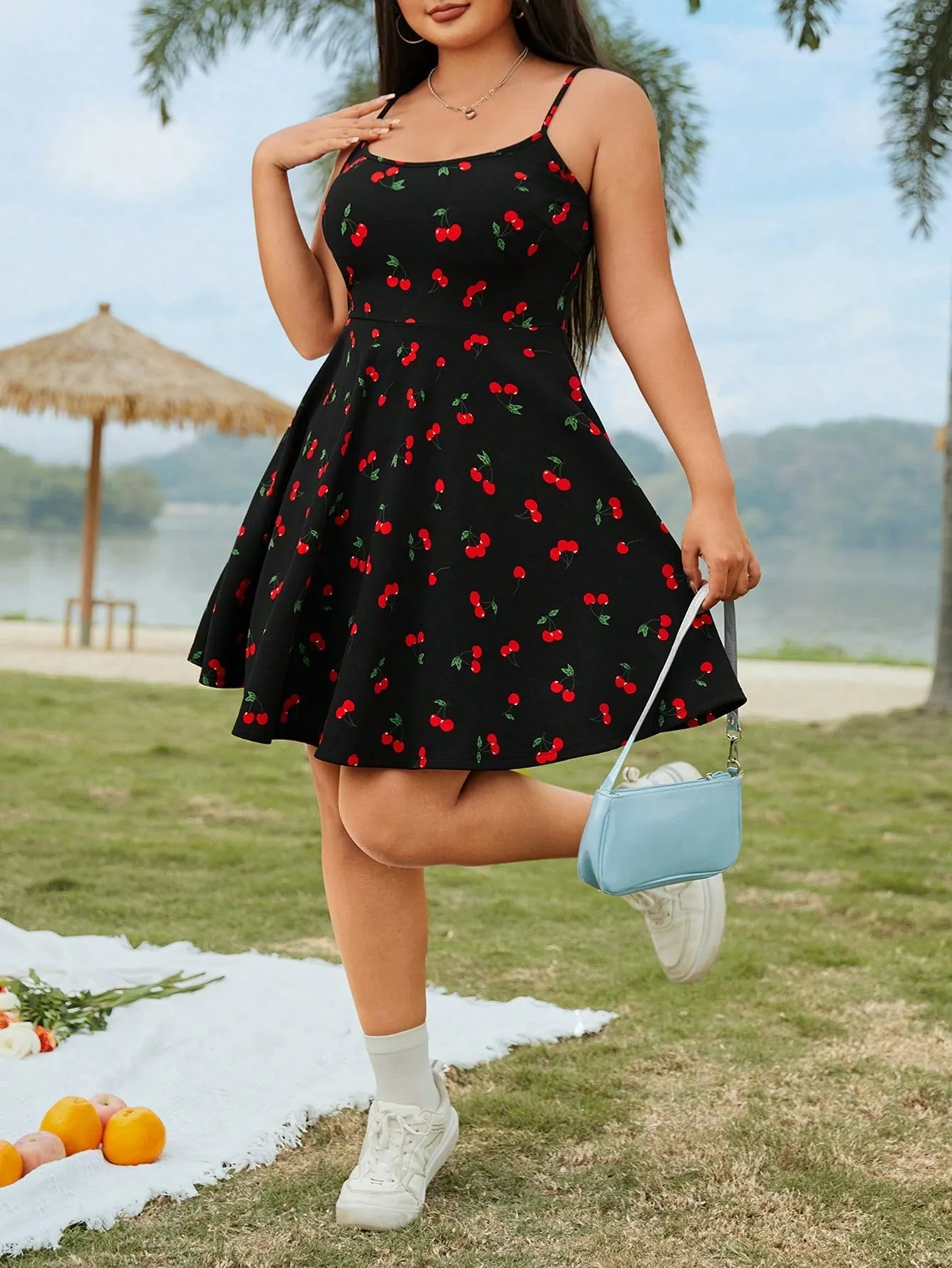 Plus Size Cherry Pattern Knitted Spaghetti Strap Dress - Casual, Backless, Ruffled Hem