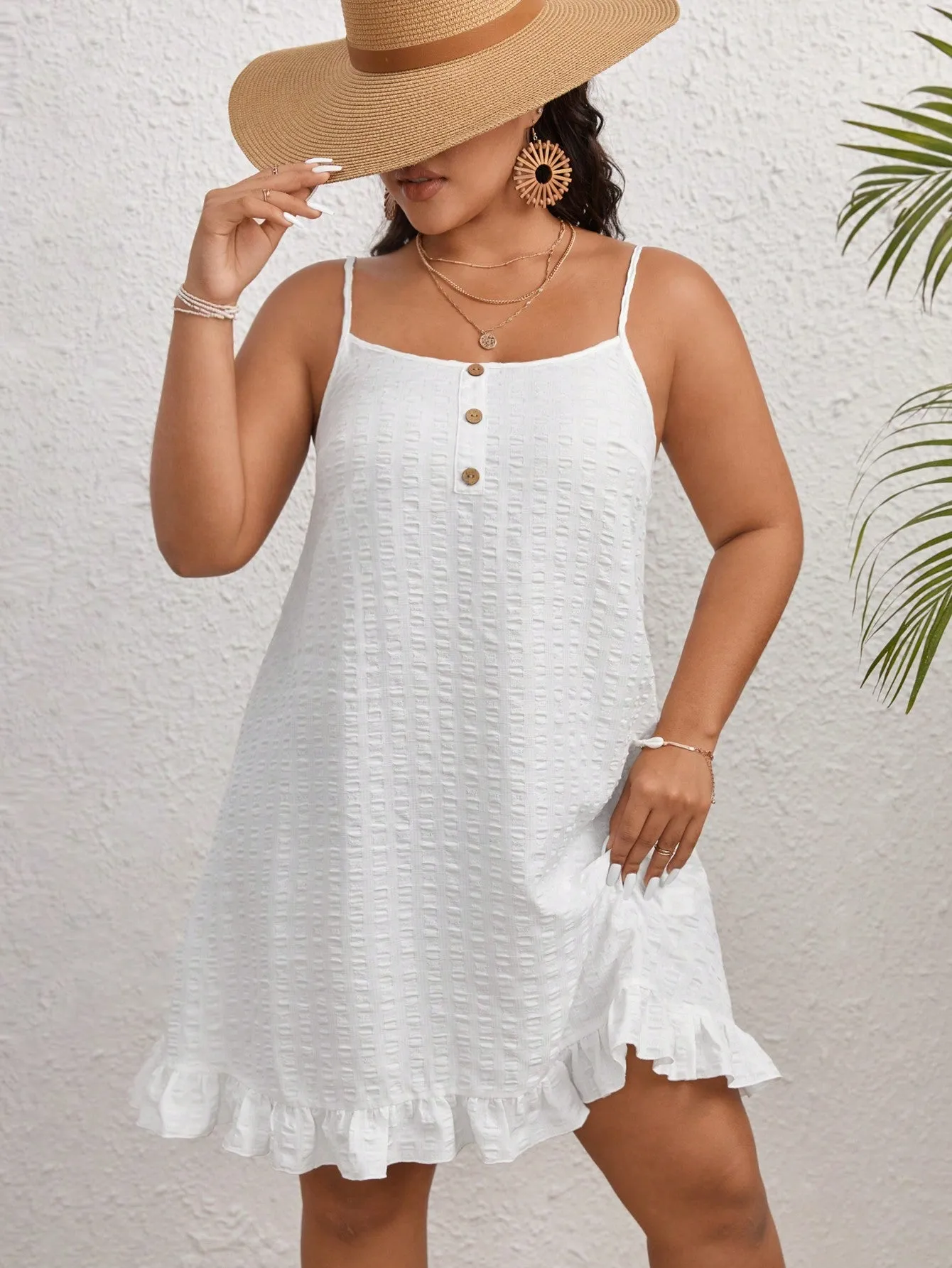 Plus Size Ruffle Hem Cami Dress - Casual, Sleeveless, Spaghetti Strap, Short Length