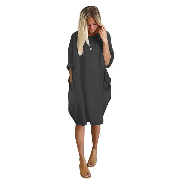 Pocket Loose Crew Neck Casual Long Dress