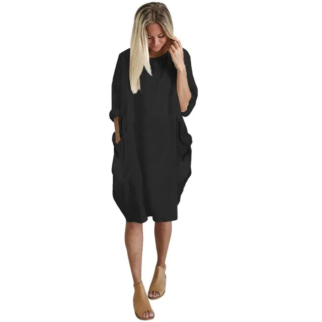 Pocket Loose Crew Neck Casual Long Dress