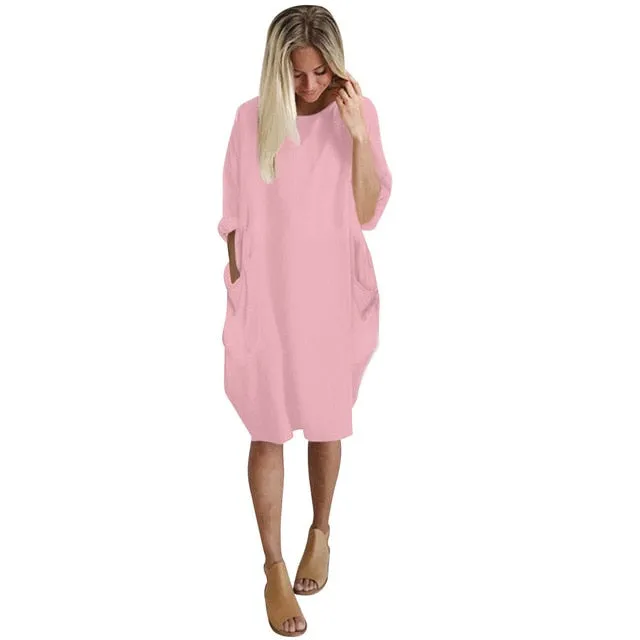 Pocket Loose Crew Neck Casual Long Dress