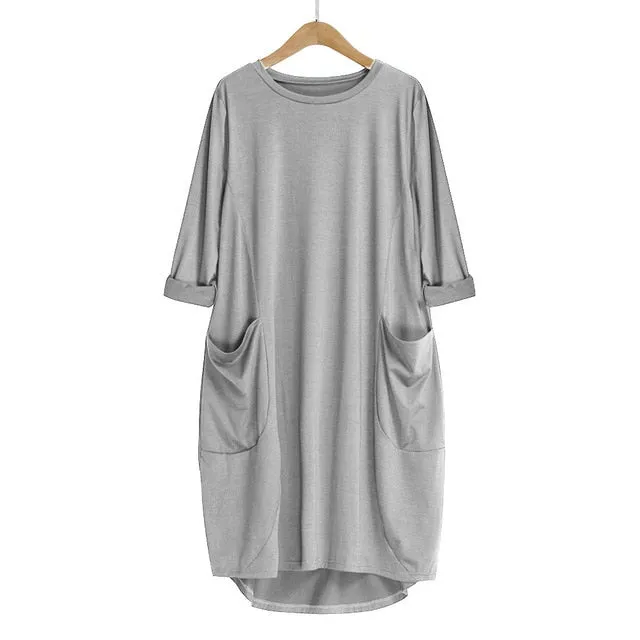 Pocket Loose Crew Neck Casual Long Dress