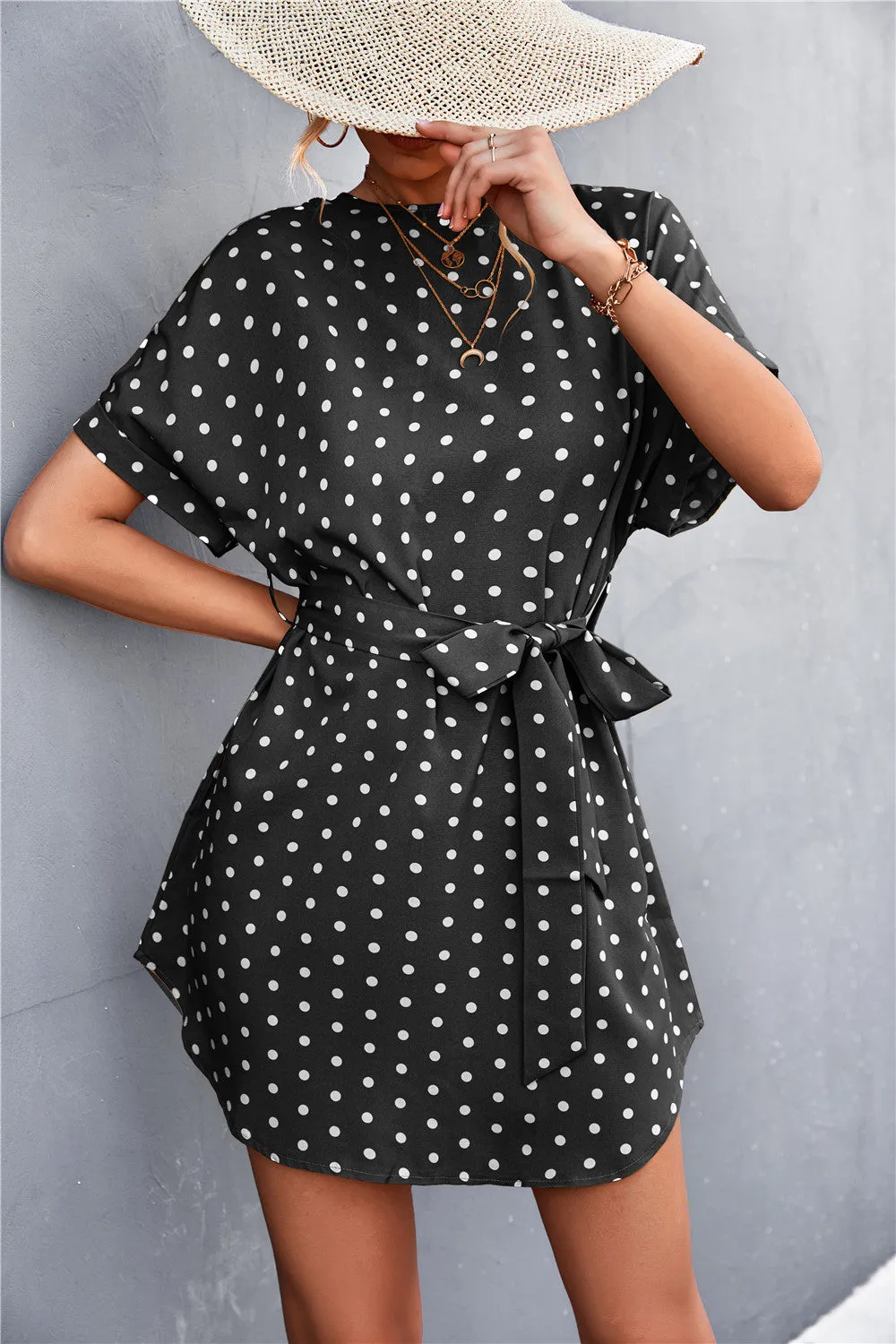 Polka Dot Tie-Waist Curved Hem Mini Dress