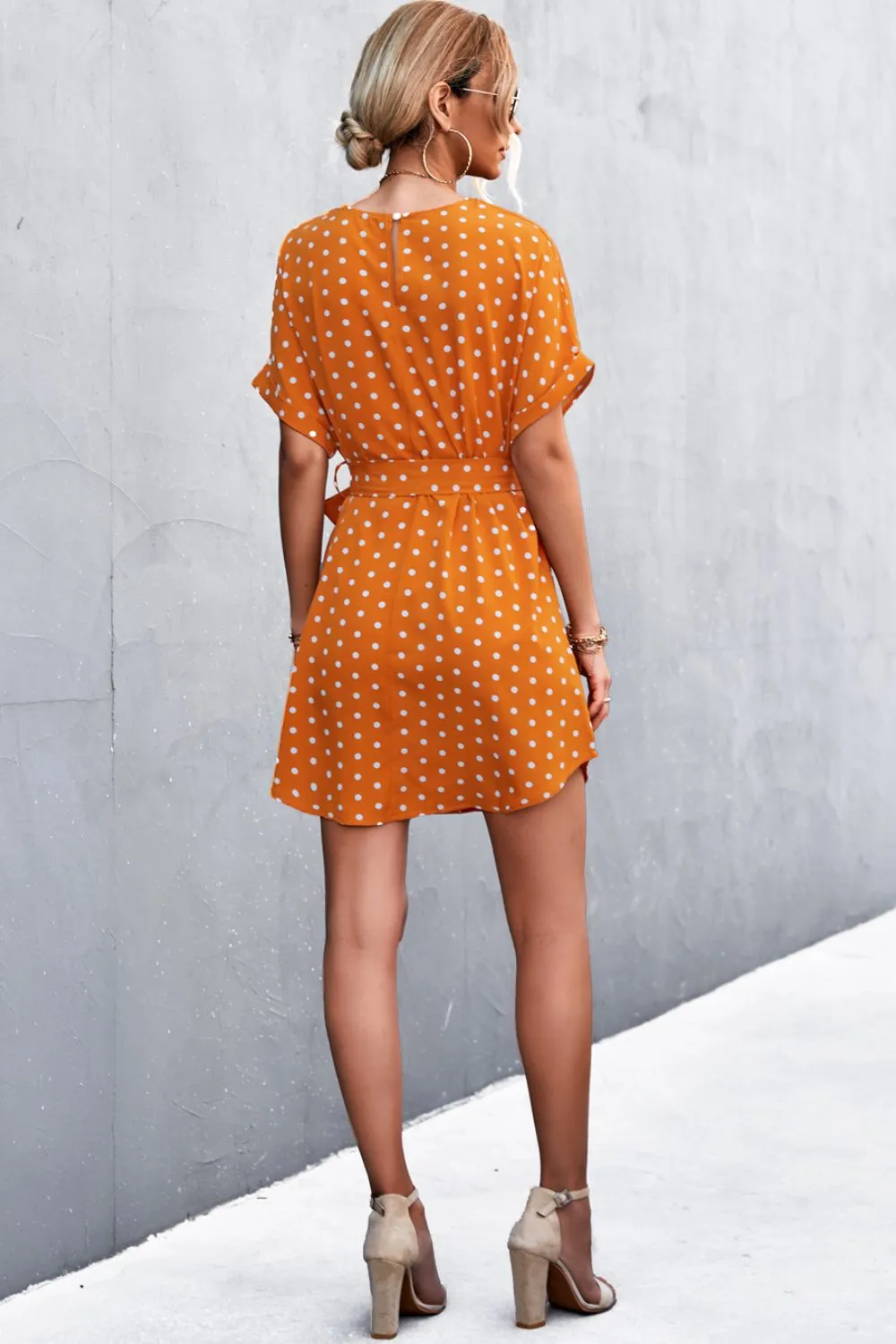 Polka Dot Tie-Waist Curved Hem Mini Dress