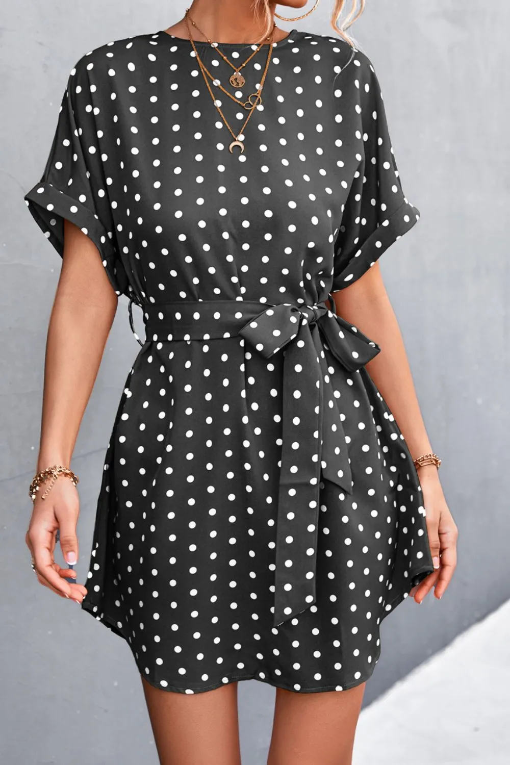 Polka Dot Tie-Waist Curved Hem Mini Dress