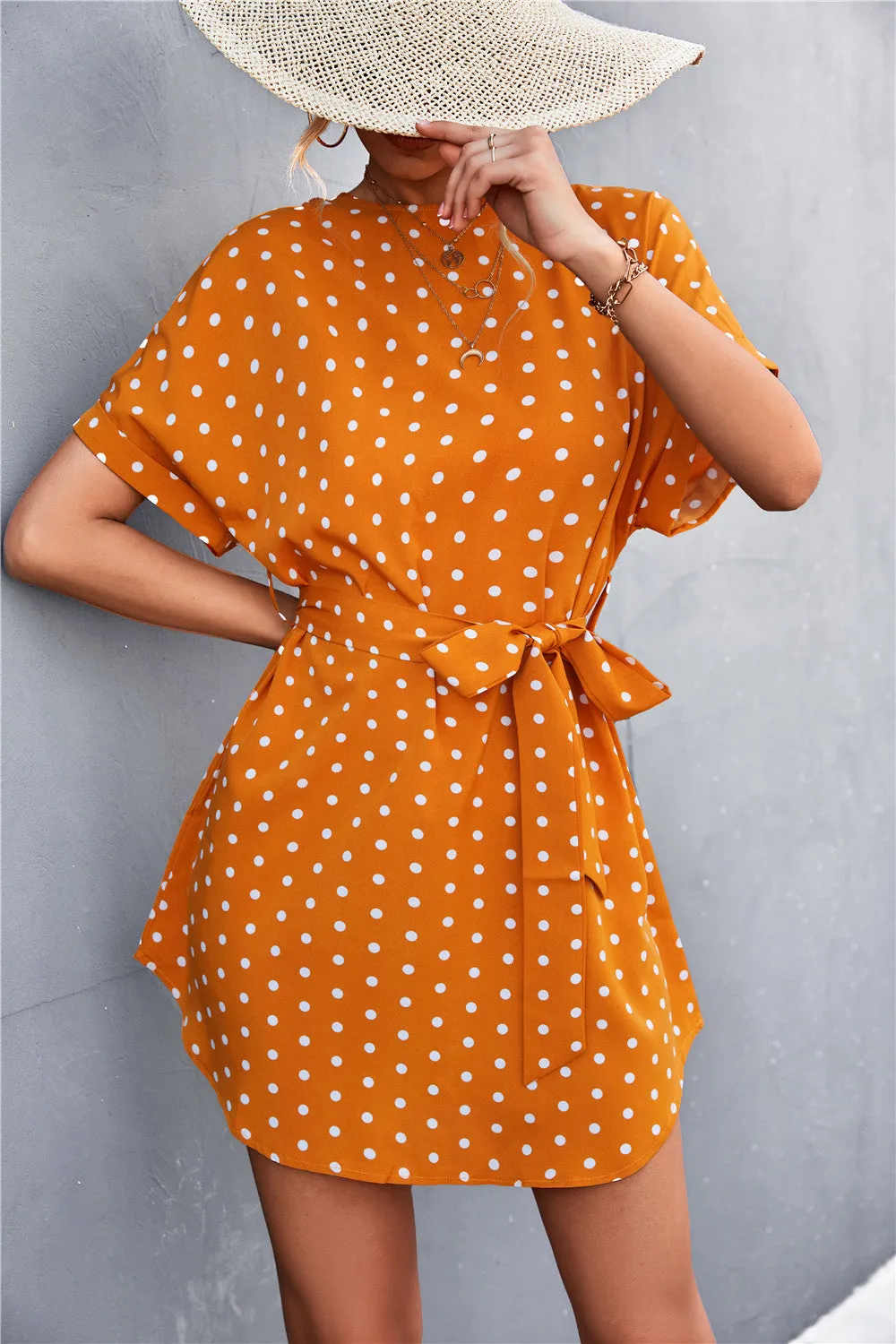 Polka Dot Tie-Waist Curved Hem Mini Dress