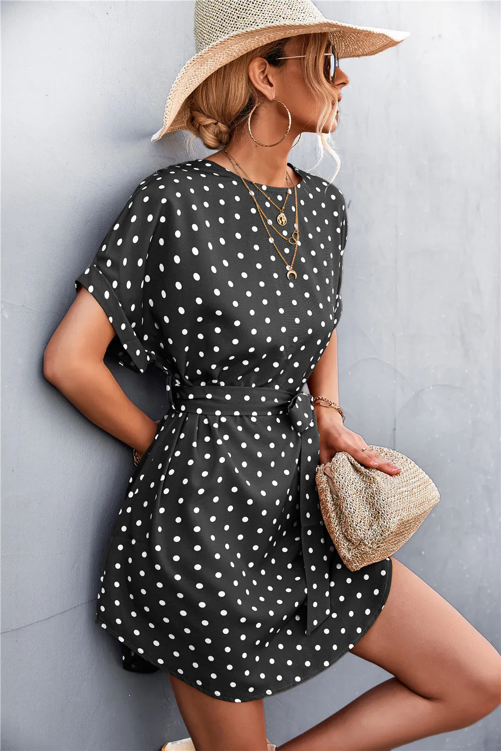 Polka Dot Tie-Waist Curved Hem Mini Dress