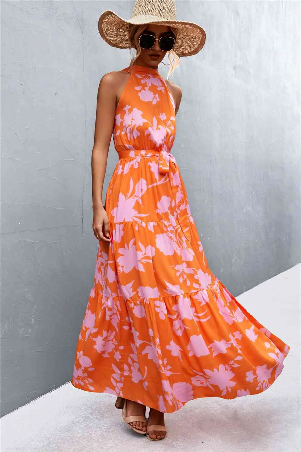 Printed Sleeveless Tie Waist Maxi Dress