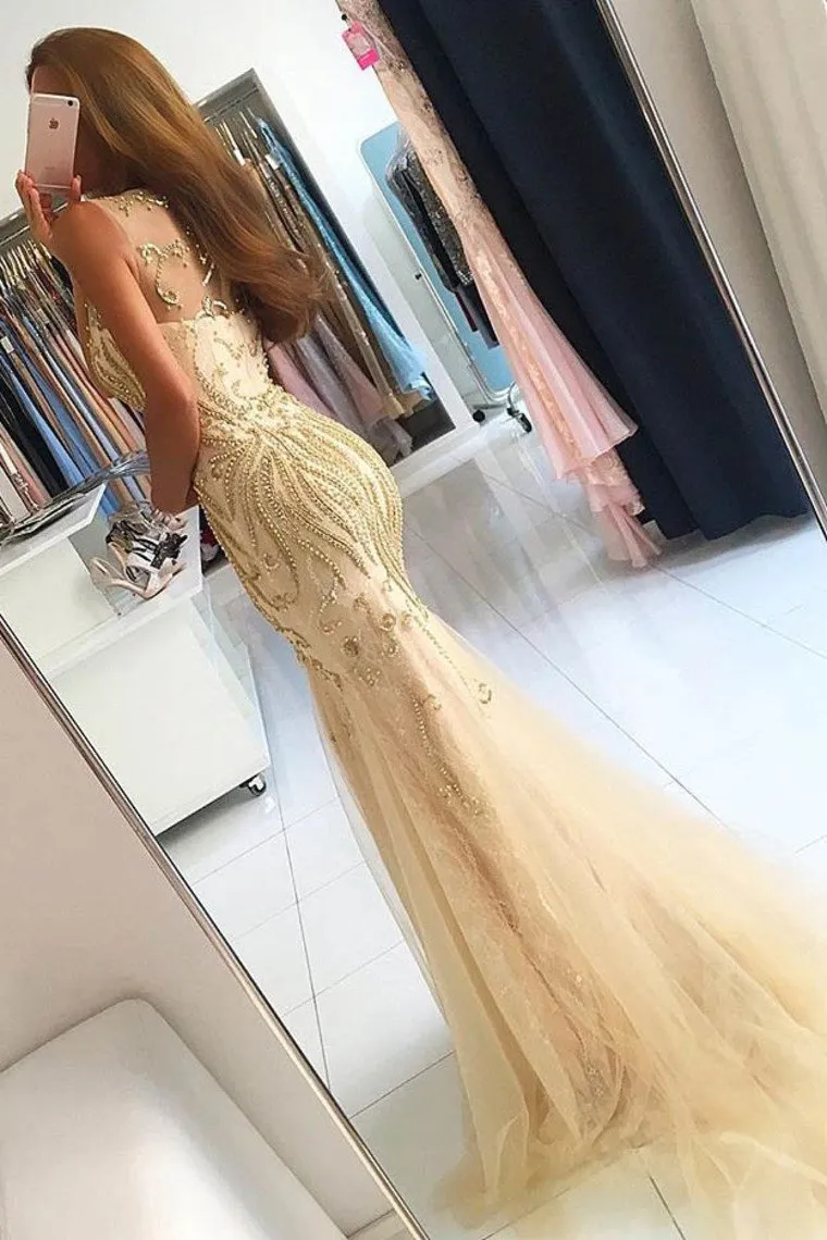 Prom Dresses Scoop Beaded Bodice Tulle Sweep Train Mermaid