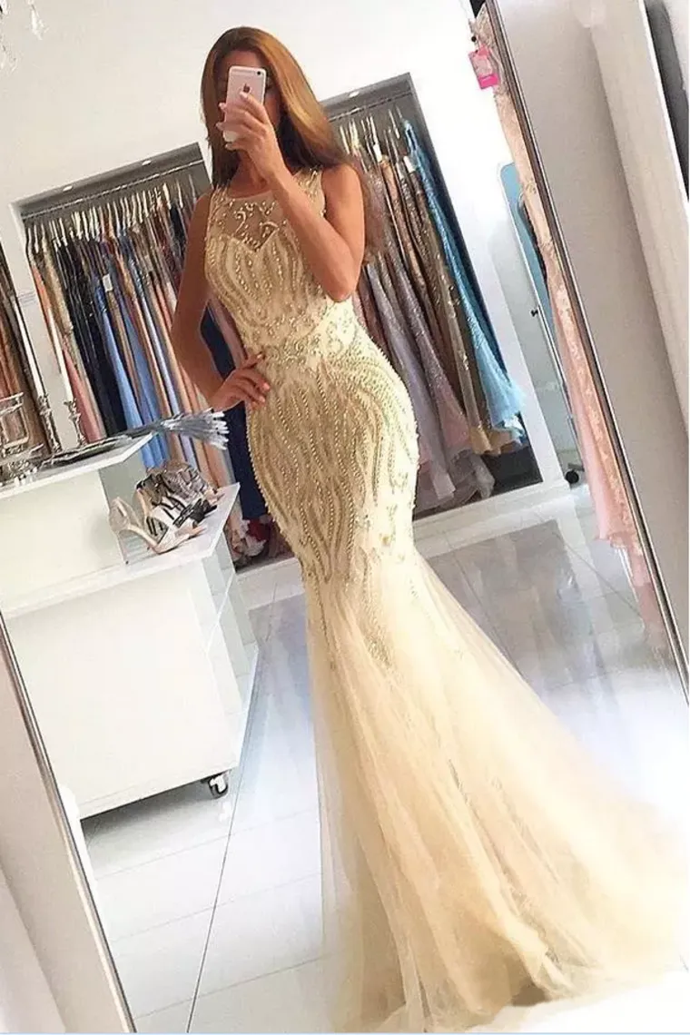 Prom Dresses Scoop Beaded Bodice Tulle Sweep Train Mermaid