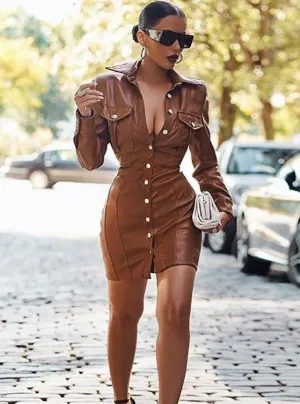 PU button brown leather dress