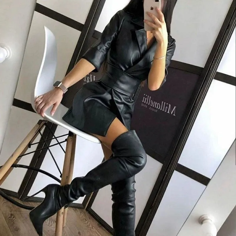 Pu leather suit collar leather jacket dress