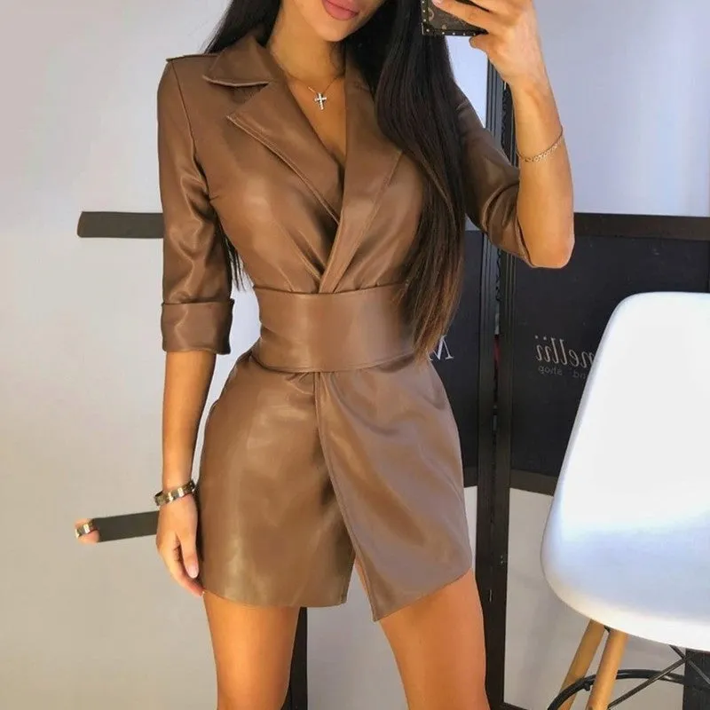 Pu leather suit collar leather jacket dress