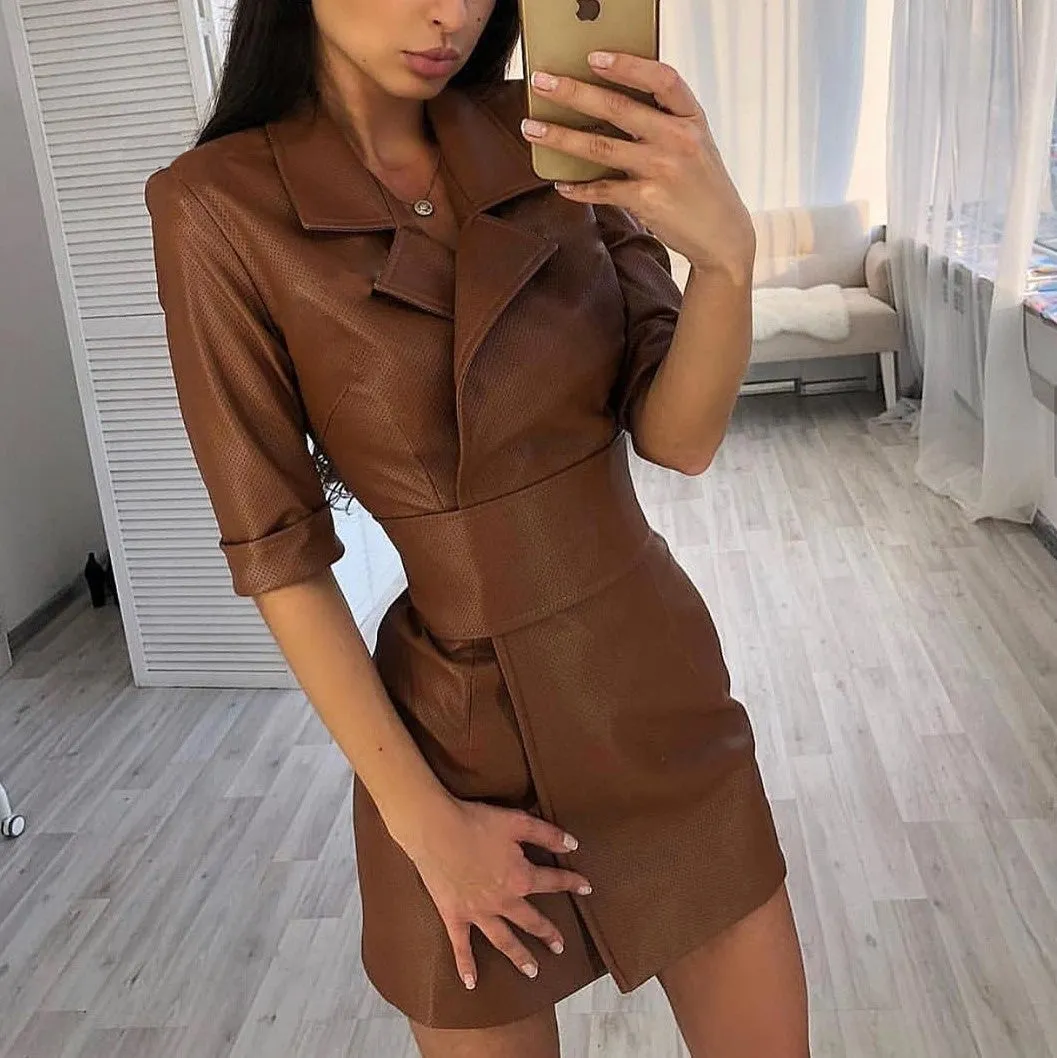 Pu leather suit collar leather jacket dress