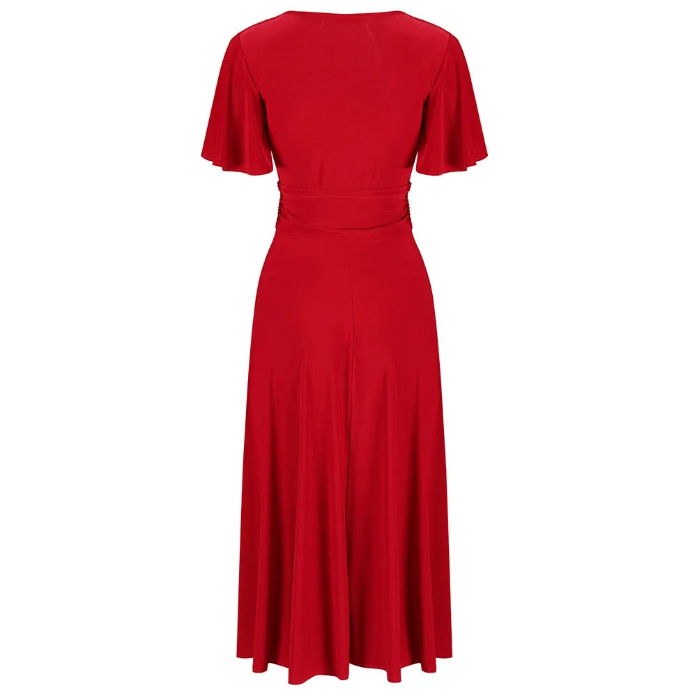 Red Cap Sleeve Crossover V Neck Vintage Wrap Top Swing Dress