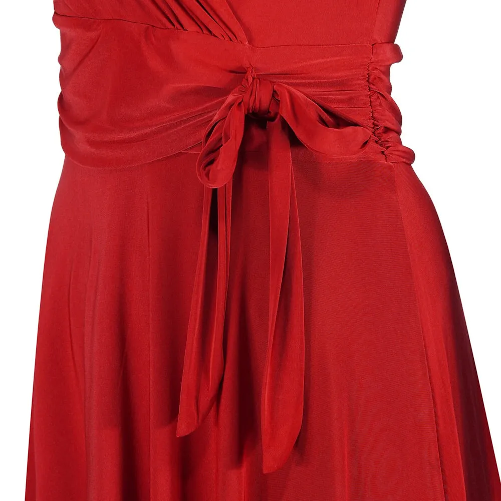 Red Cap Sleeve Crossover V Neck Vintage Wrap Top Swing Dress