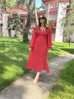 Red Floral Patterned Dress with Tie Detail