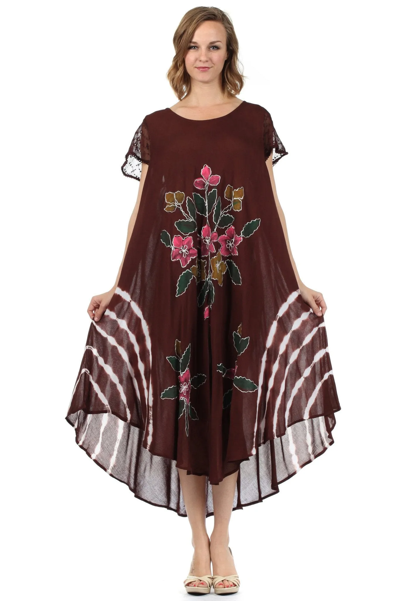 Sakkas Embroidered Painted Floral Cap Sleeve Rayon Dress