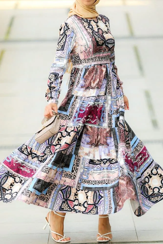 Salli Elegant Patchwork Print Maxi Dress with Long Sleeves