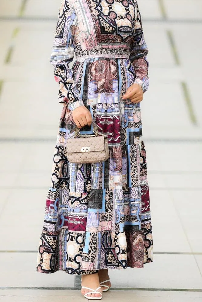 Salli Elegant Patchwork Print Maxi Dress with Long Sleeves