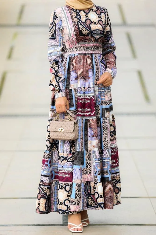 Salli Elegant Patchwork Print Maxi Dress with Long Sleeves