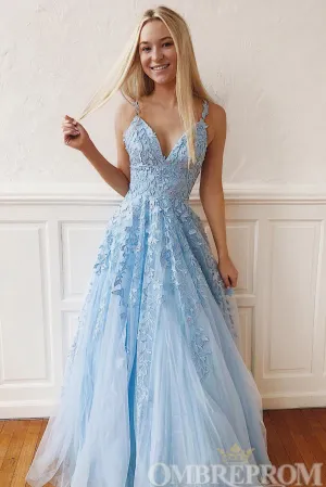 Sky Blue Prom Dresses Spaghetti Straps V Neck Long Party Dresses