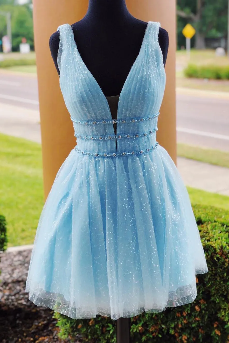 Sparkly Beading Sky Blue Short Prom Dresses Sequins Homecoming Dresses