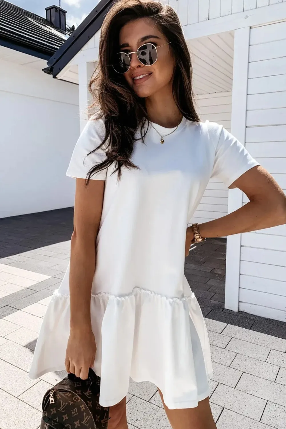 Splicing White Short Casual Dress