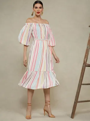 Stripe Off-The-Shoulder Gauze Midi Dress