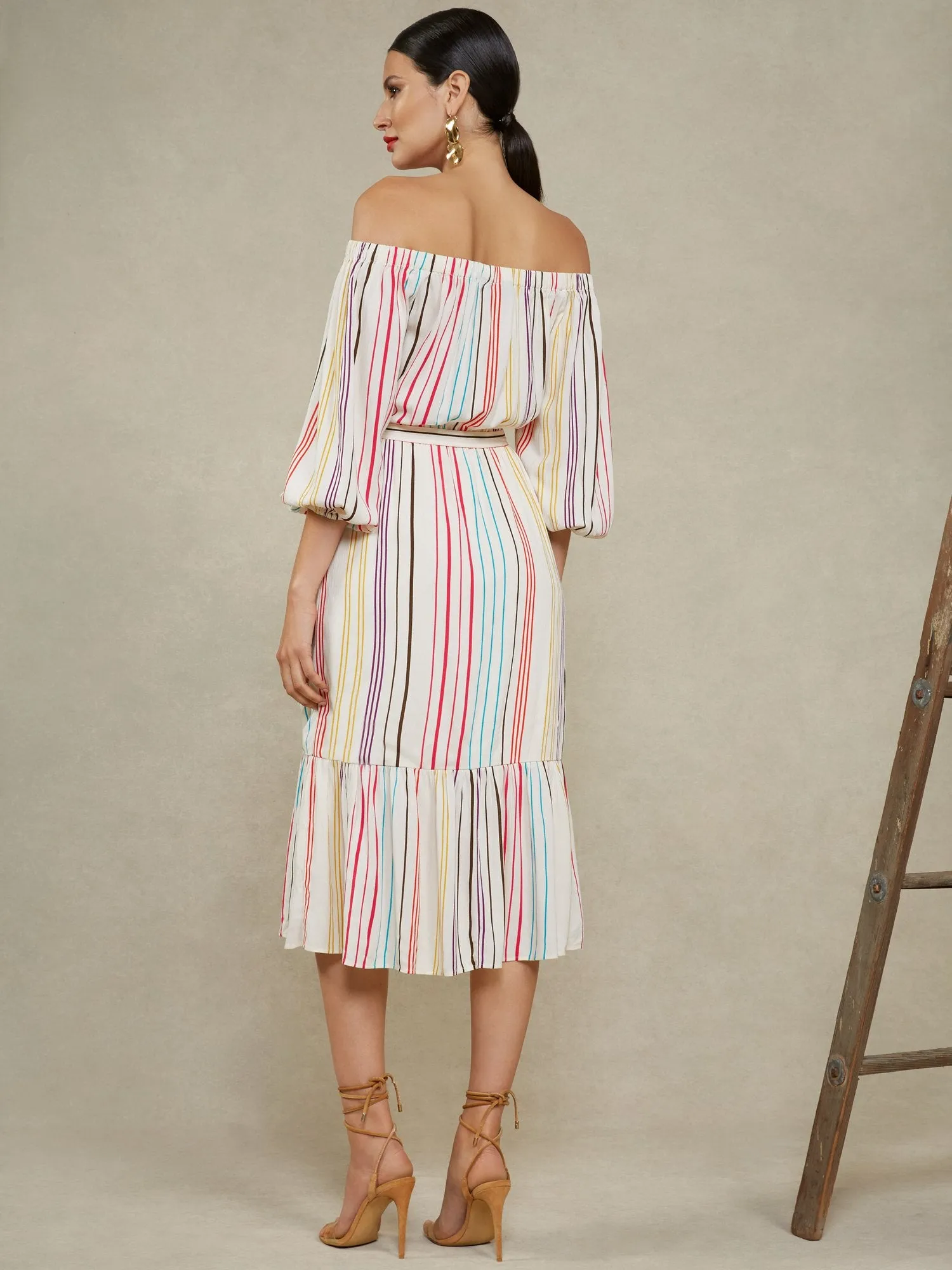 Stripe Off-The-Shoulder Gauze Midi Dress