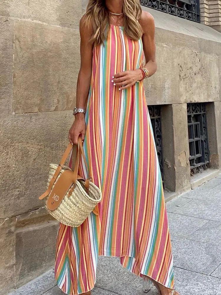 Striped Suspender Bohemian Long Dress