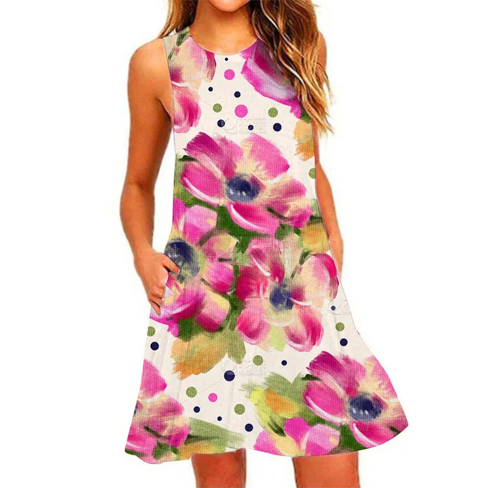 Summer New Women's Dresses Beach Casual Pineapple Printed Sleeveless Short Dress Round Neck Breathable Elastic Short Dresses