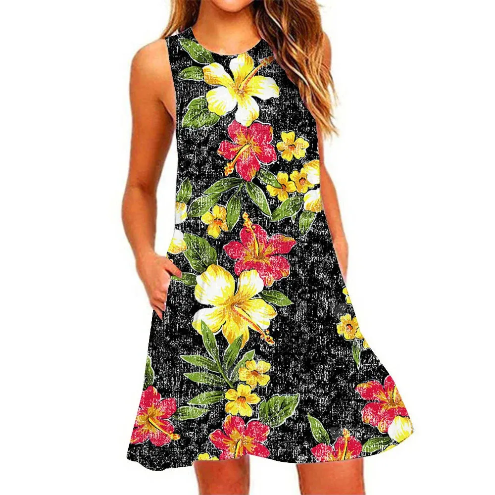 Summer New Women's Dresses Beach Casual Pineapple Printed Sleeveless Short Dress Round Neck Breathable Elastic Short Dresses