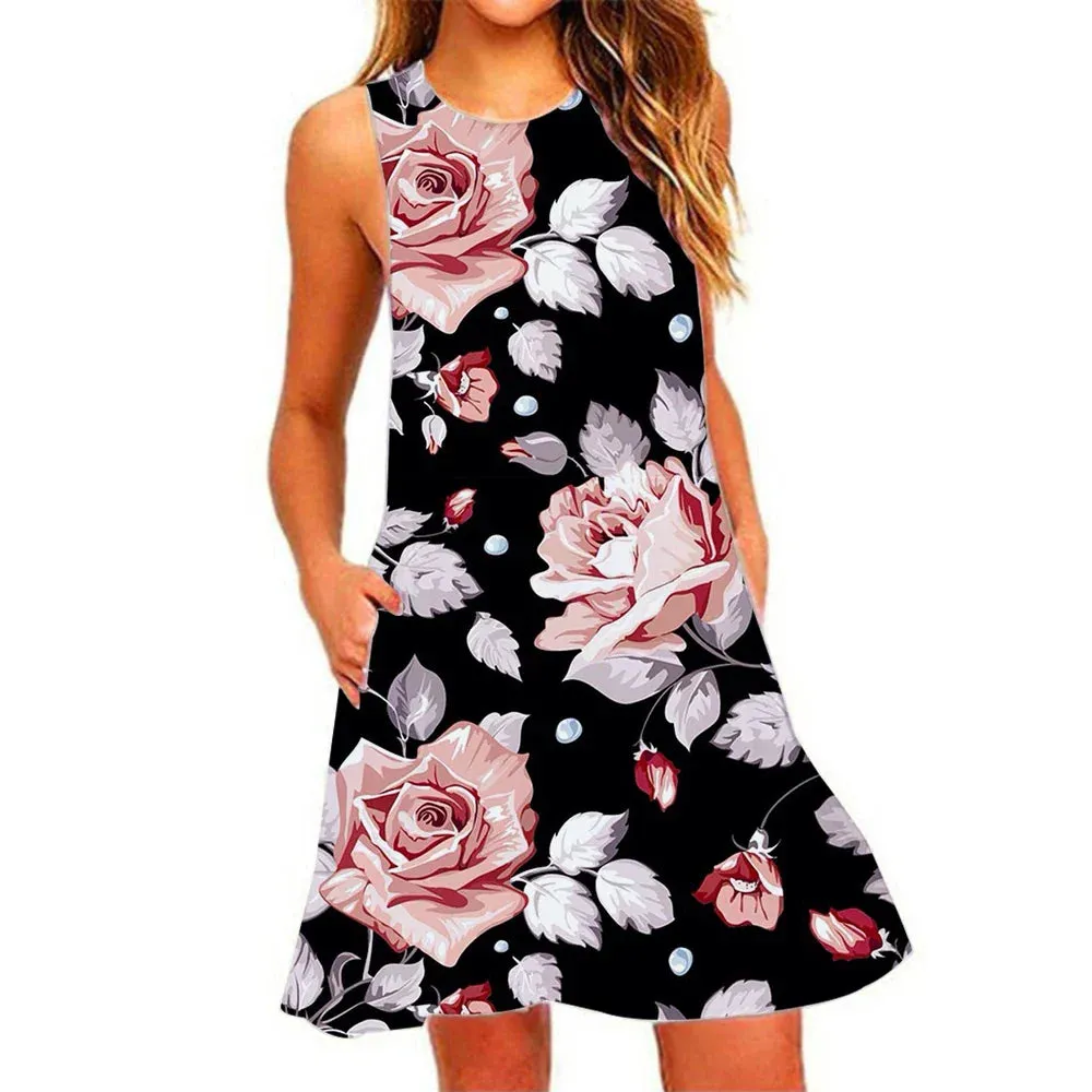 Summer New Women's Dresses Beach Casual Pineapple Printed Sleeveless Short Dress Round Neck Breathable Elastic Short Dresses