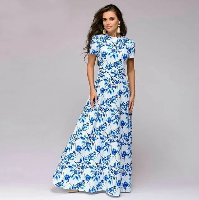 Summer Short Sleeve Floral Print Boho Long Dress