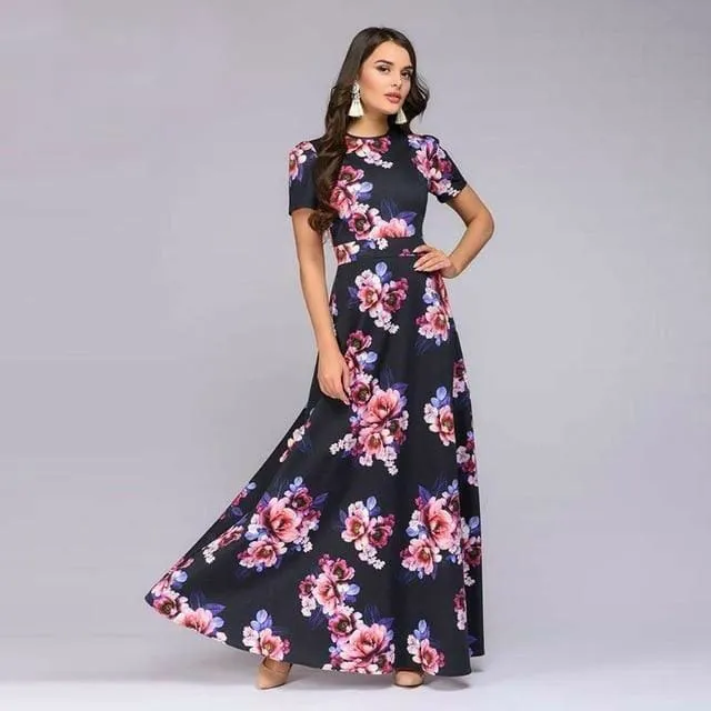 Summer Short Sleeve Floral Print Boho Long Dress