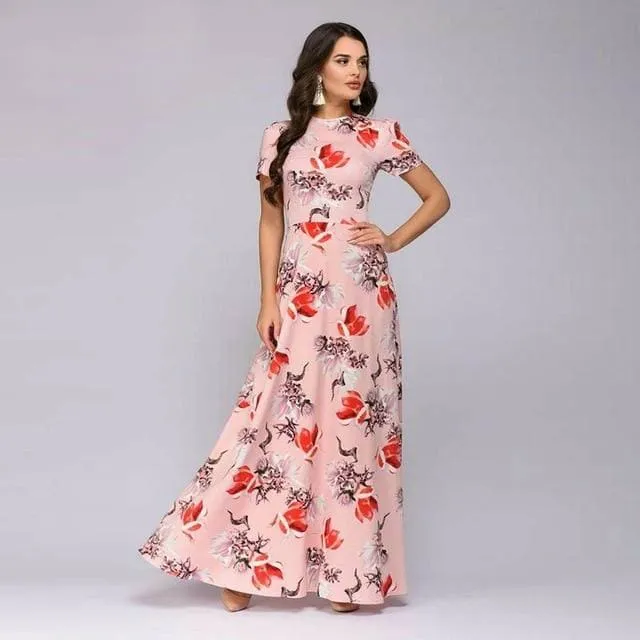 Summer Short Sleeve Floral Print Boho Long Dress