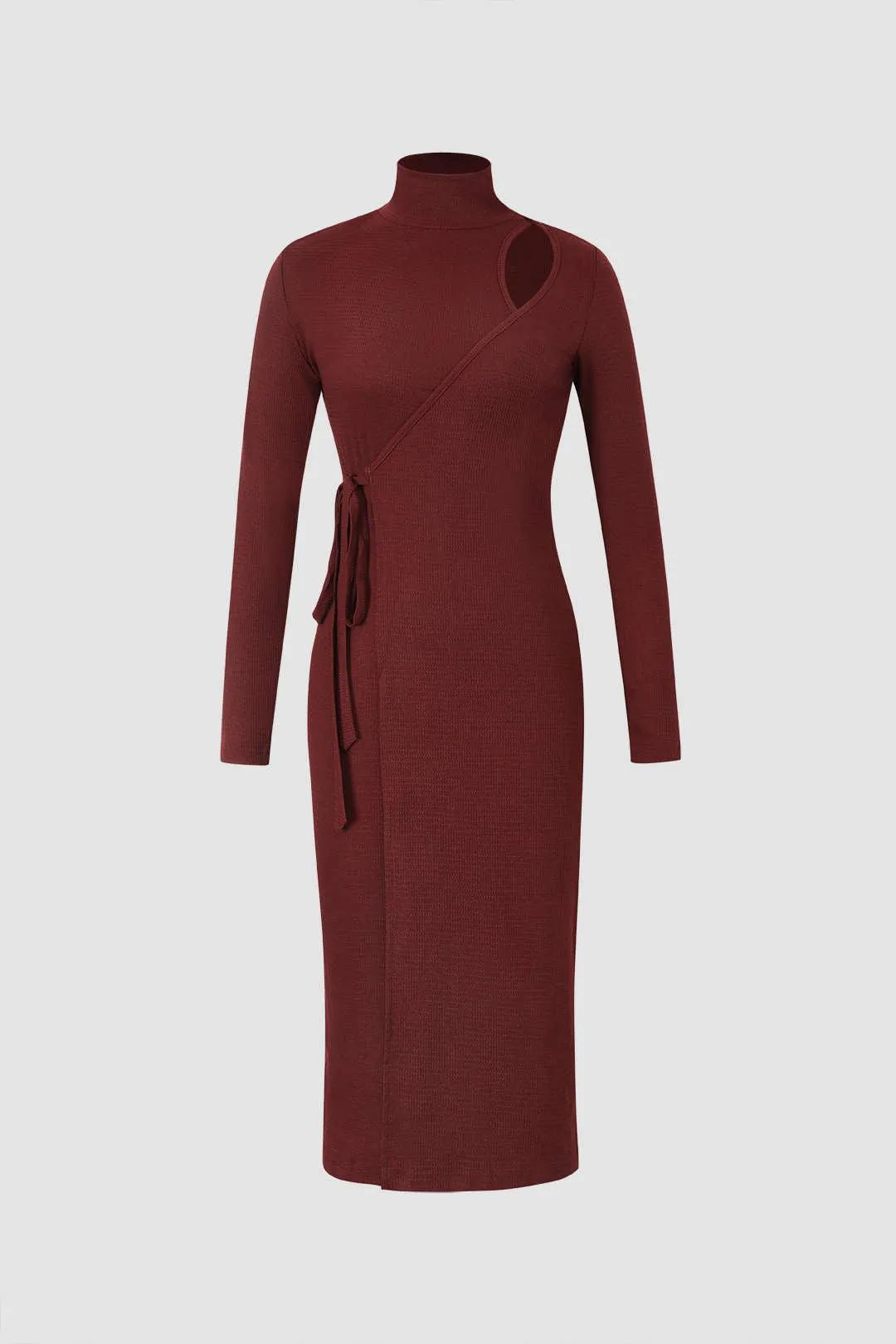 Textured High Neck Wrap Tie Midi Dress