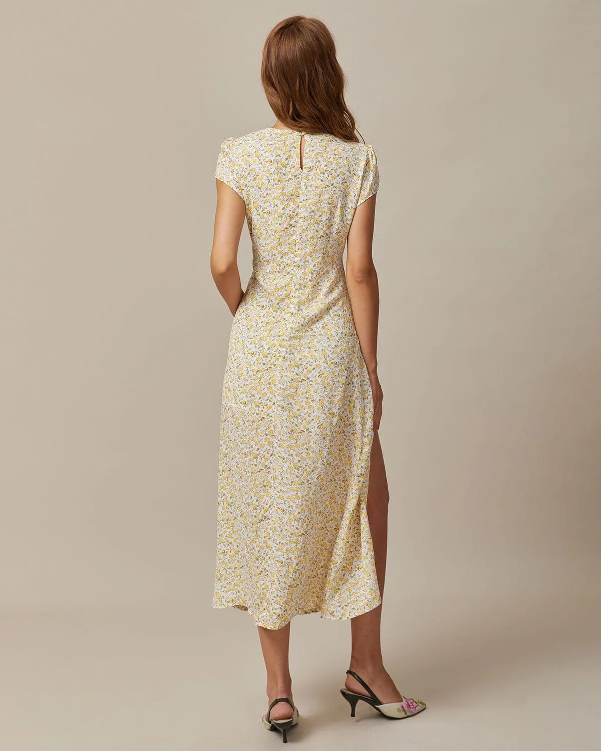 The Yellow Round Neck Floral Midi Dress