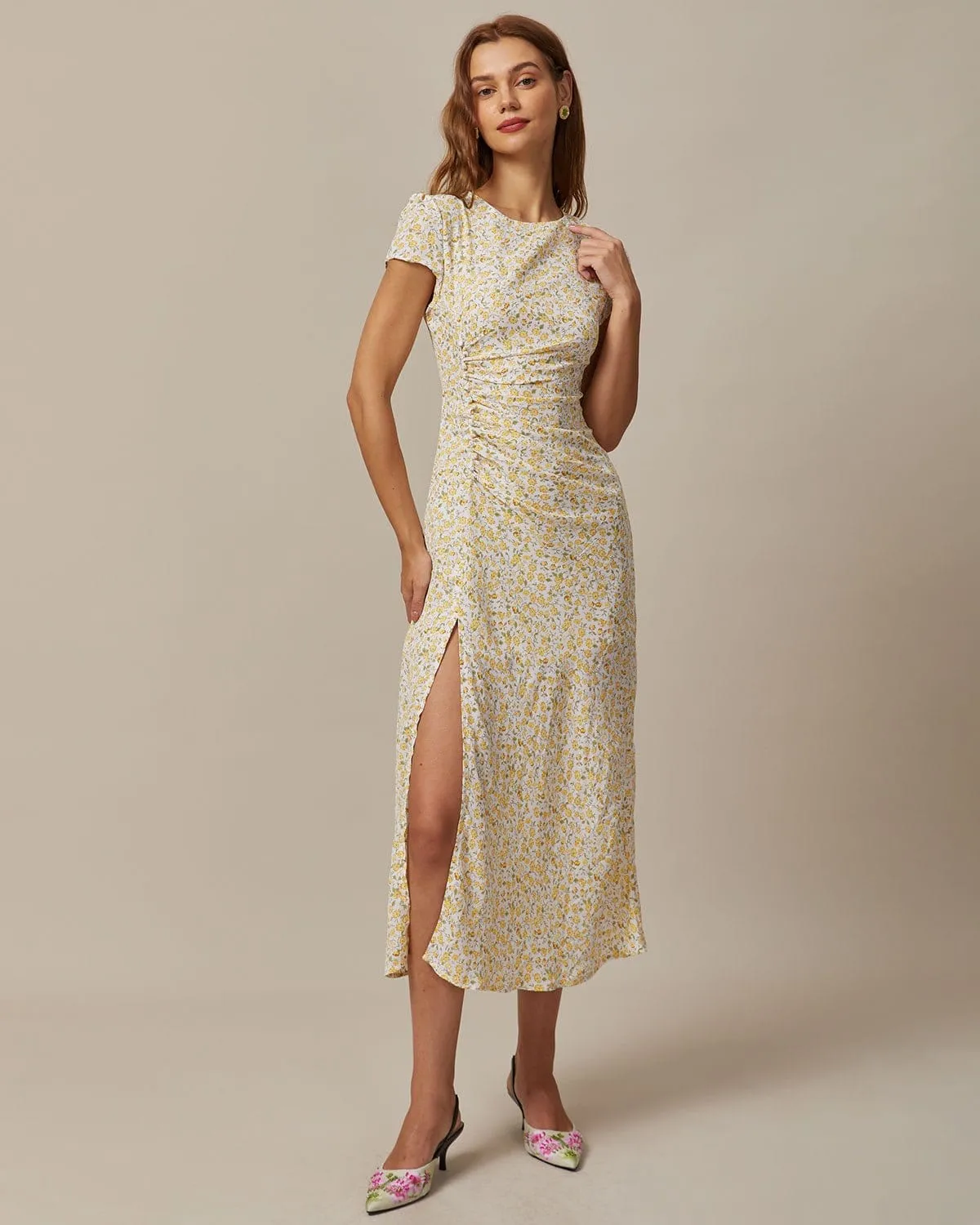 The Yellow Round Neck Floral Midi Dress