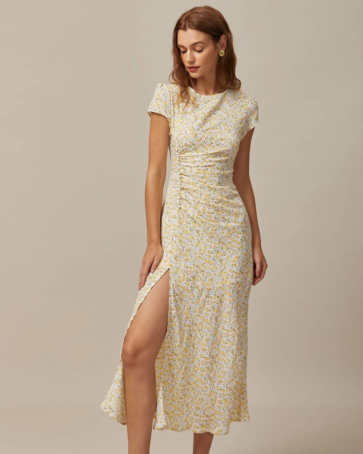 The Yellow Round Neck Floral Midi Dress