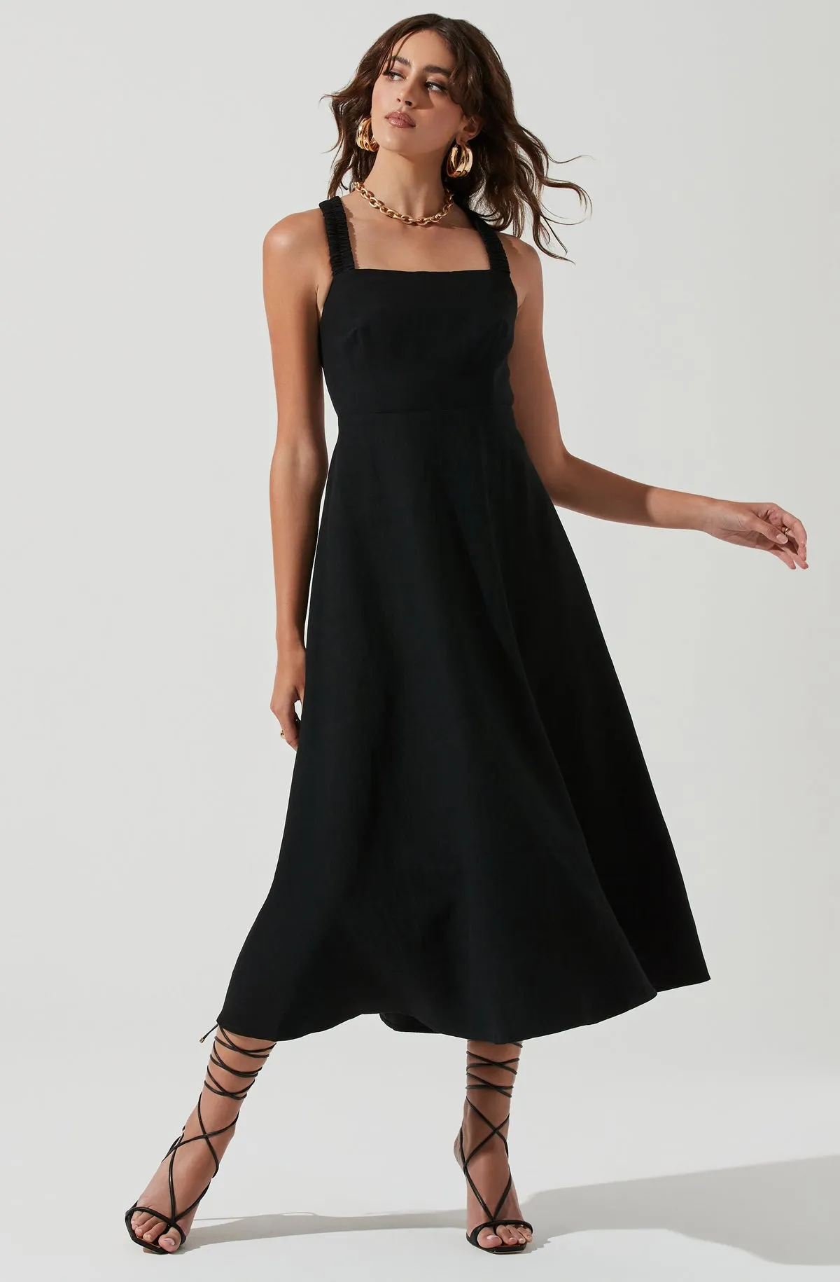 Valenz Square Neck Open Back Midi Dress in Black