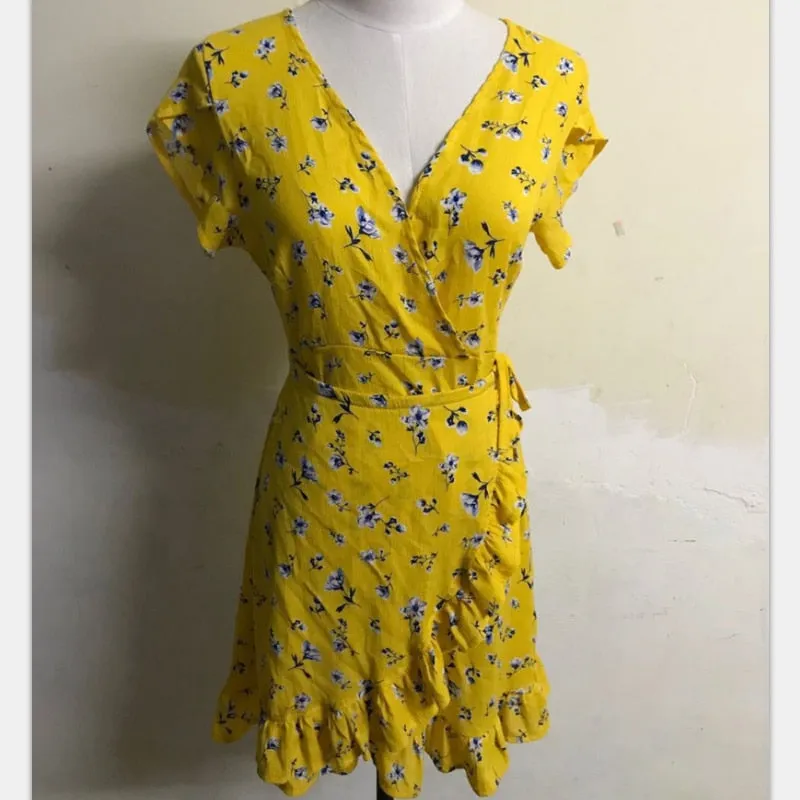 VenusFox Women Loose Short Sleeve V-Neck Ruffles Print Yellow Chiffon Mini Dress