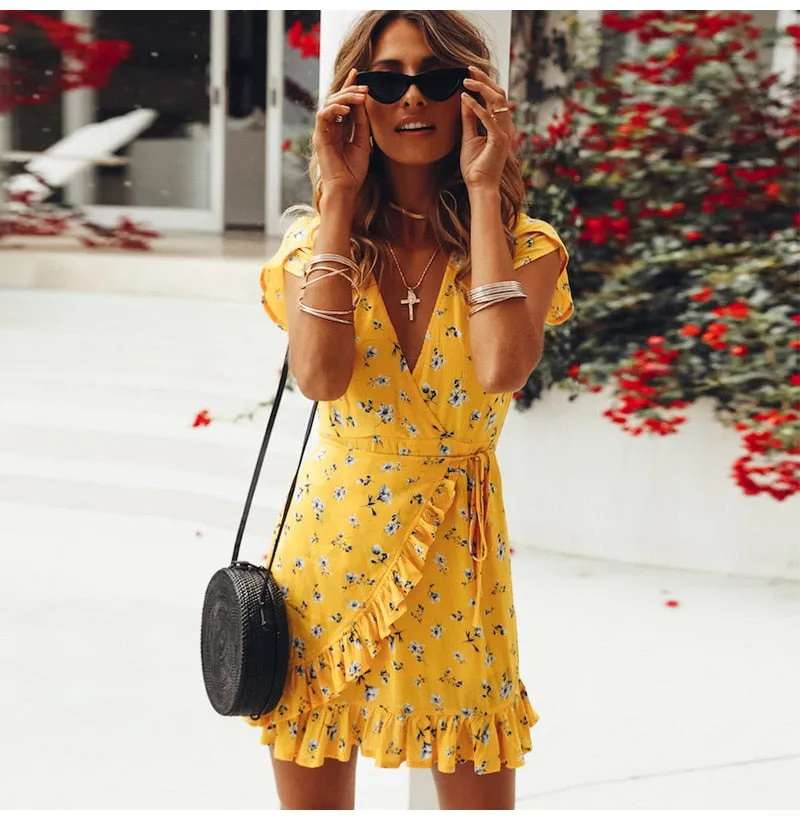 VenusFox Women Loose Short Sleeve V-Neck Ruffles Print Yellow Chiffon Mini Dress