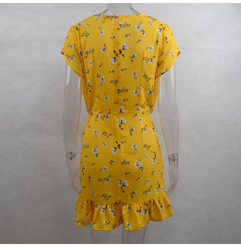 VenusFox Women Loose Short Sleeve V-Neck Ruffles Print Yellow Chiffon Mini Dress