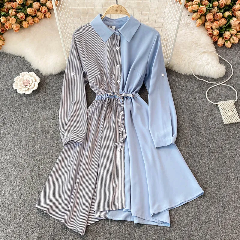 Vintage Long-sleeved Striped Shirt Dress Mid-length A-line Dress 339