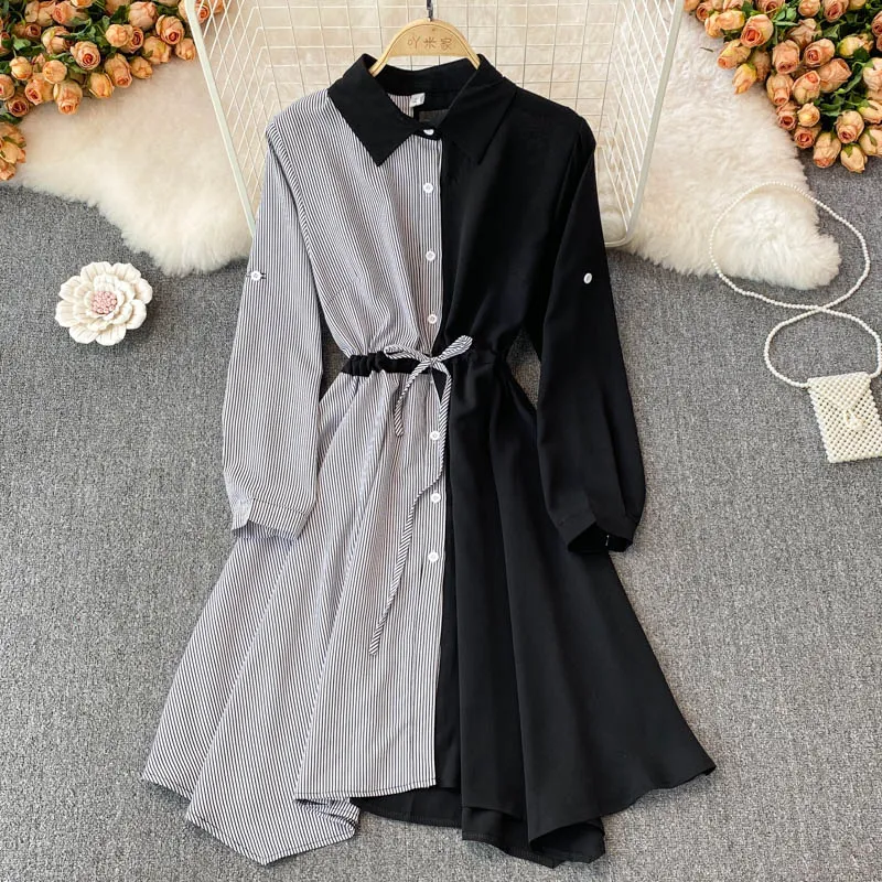 Vintage Long-sleeved Striped Shirt Dress Mid-length A-line Dress 339